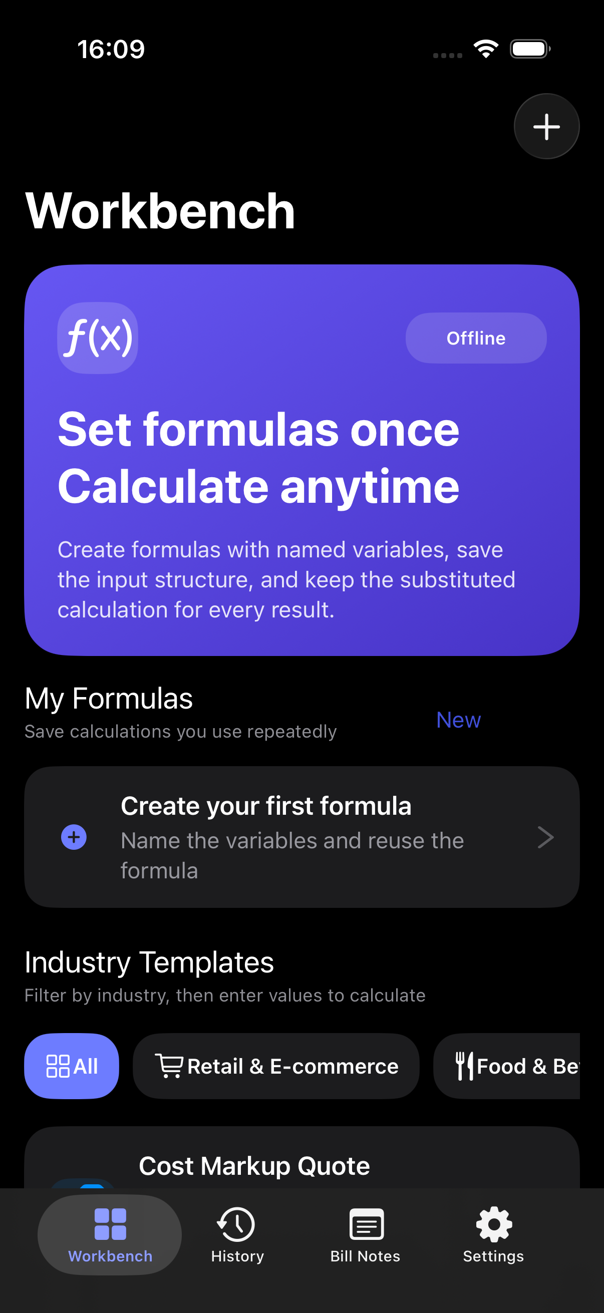 FormulaMate workbench in English with Workbench, History, Bill Notes, and Settings tabs